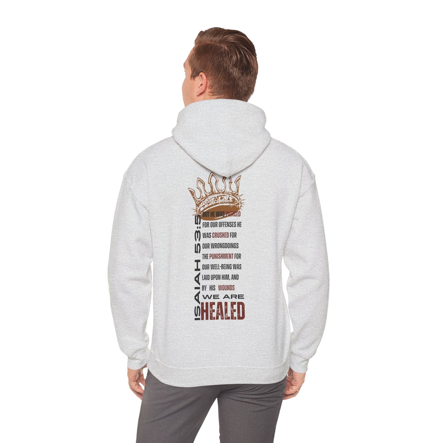 Christian hooded sweatshirt featuring inspirational Isaiah 53:5 graphic on the back