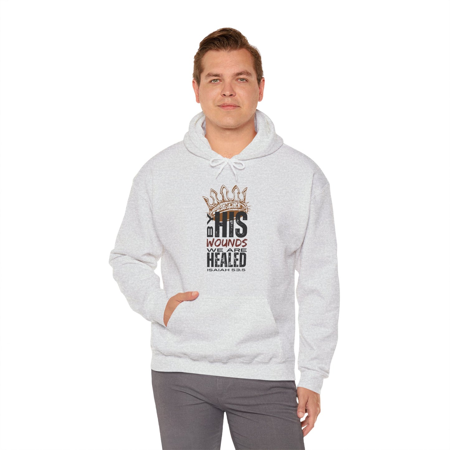 Christian hooded sweatshirt with a healing message and crown design in a light gray color