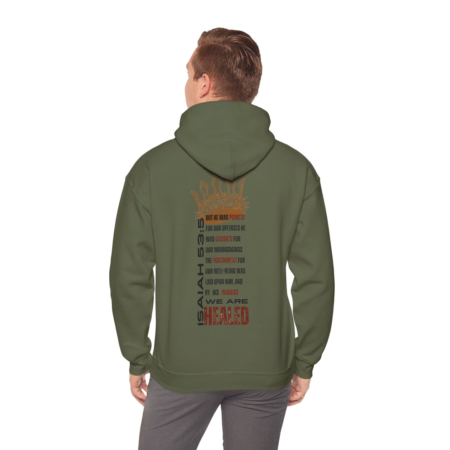 Men's Christian hooded sweatshirt with inspirational Isaiah 53:5 design for comfort and faith expression