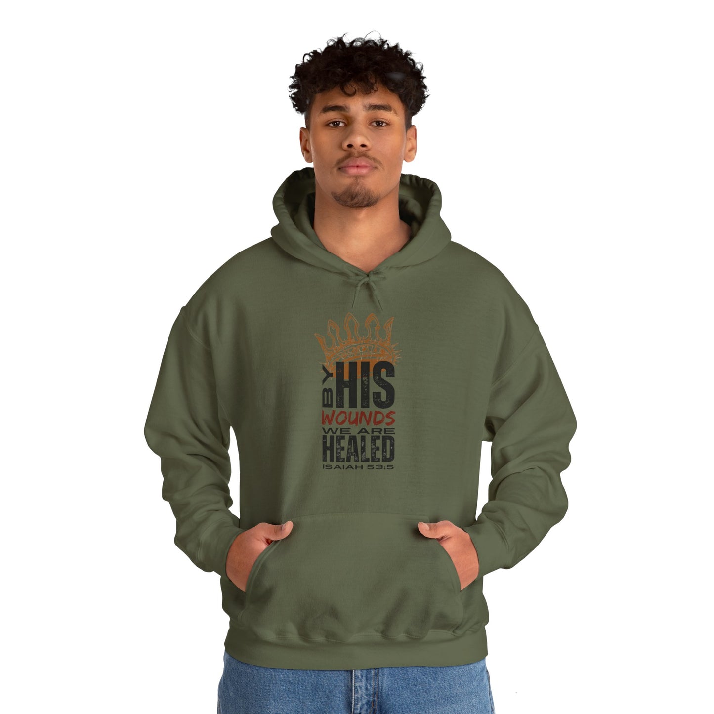 Christian hooded sweatshirt in olive green featuring inspiring text design for believers