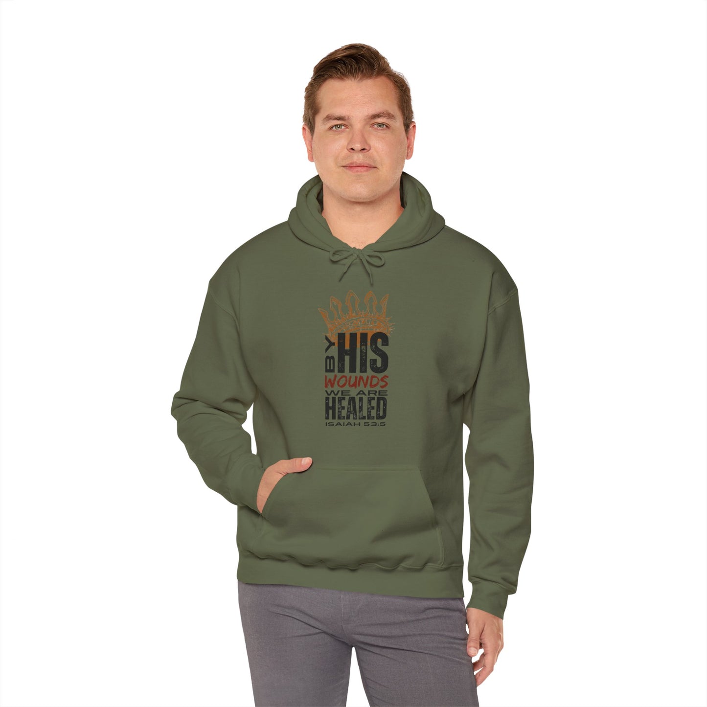 Christian hooded sweatshirt in olive green featuring inspirational text design