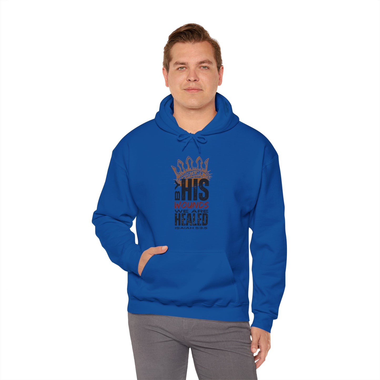 Blue Christian hooded sweatshirt featuring a healing message print and a comfortable fit for casual wear