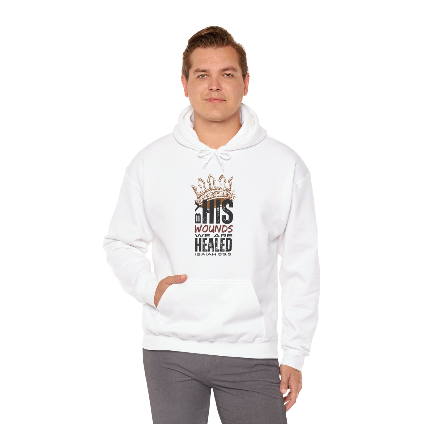 White Christian hooded sweatshirt featuring a graphic that says 'Wounds Healed' for spiritual inspiration