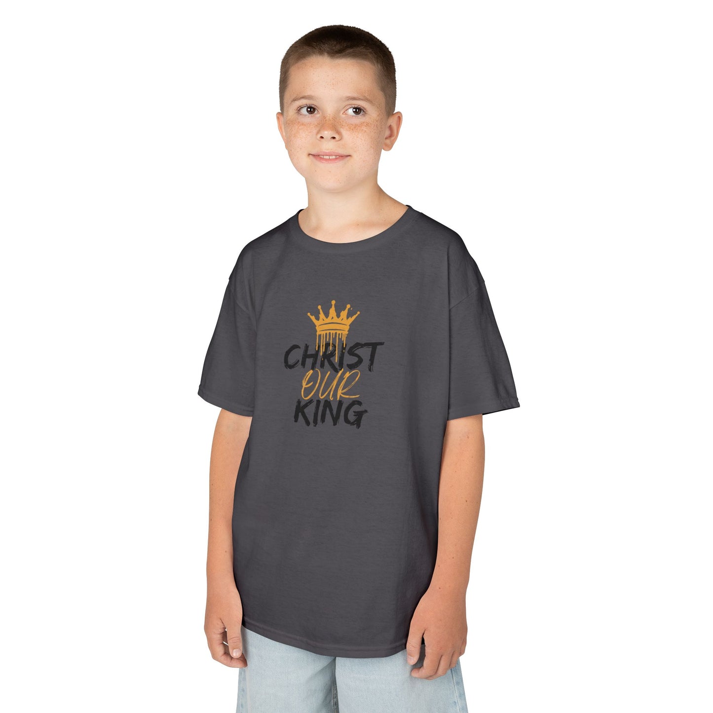 Christian junior kids t-shirt in dark gray with gold crown and Christ our King text worn by boy