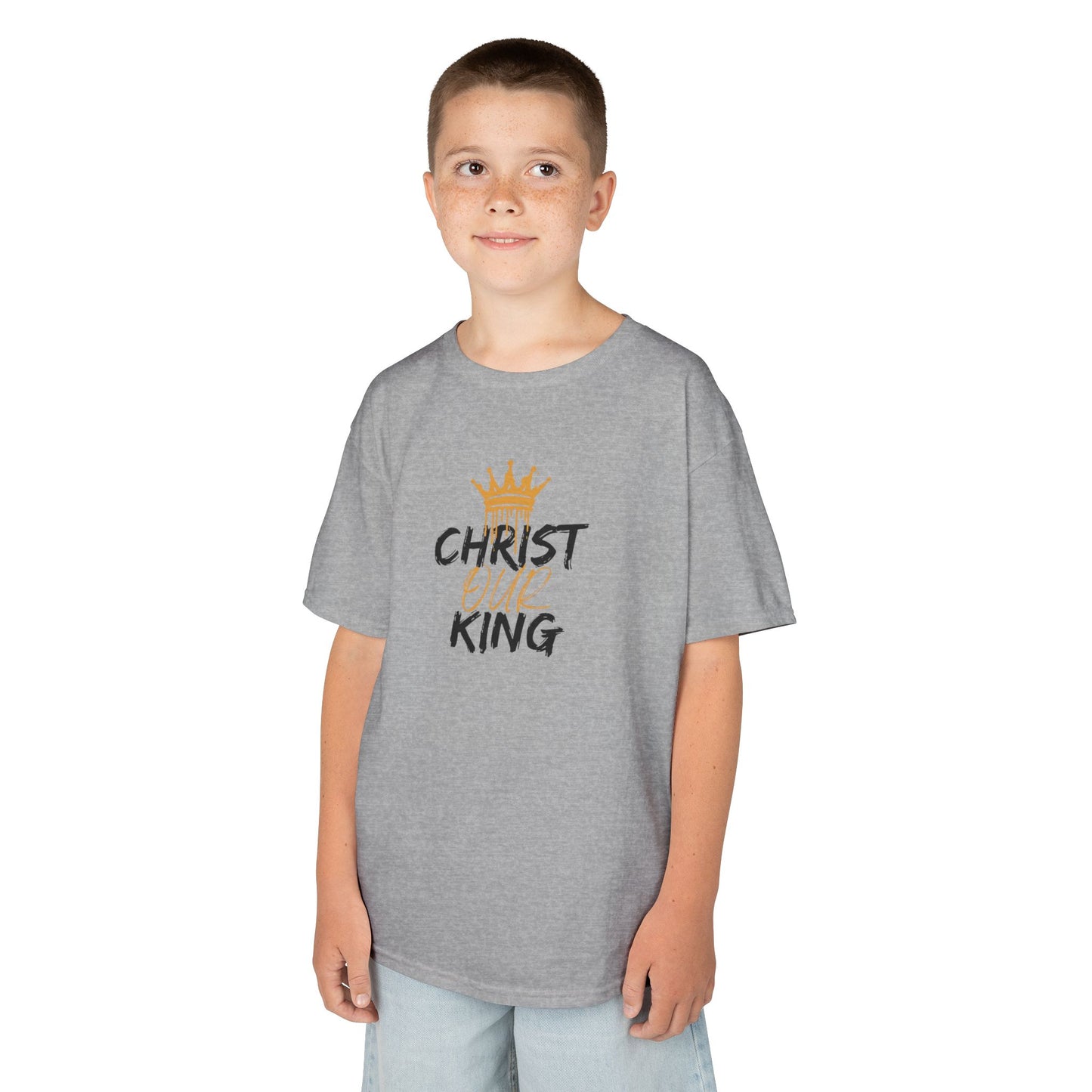 Christian junior kids t-shirt in gray with Christ our King graphic worn by a boy