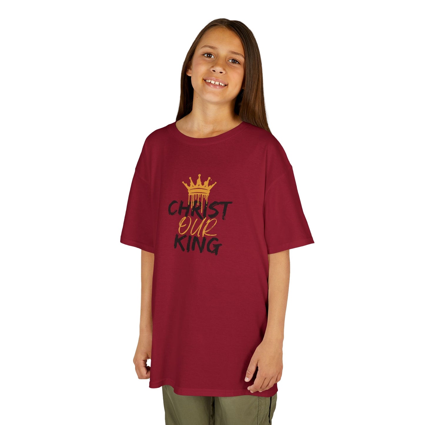 Christian junior kids t-shirt maroon with Christ Our King design worn by a girl