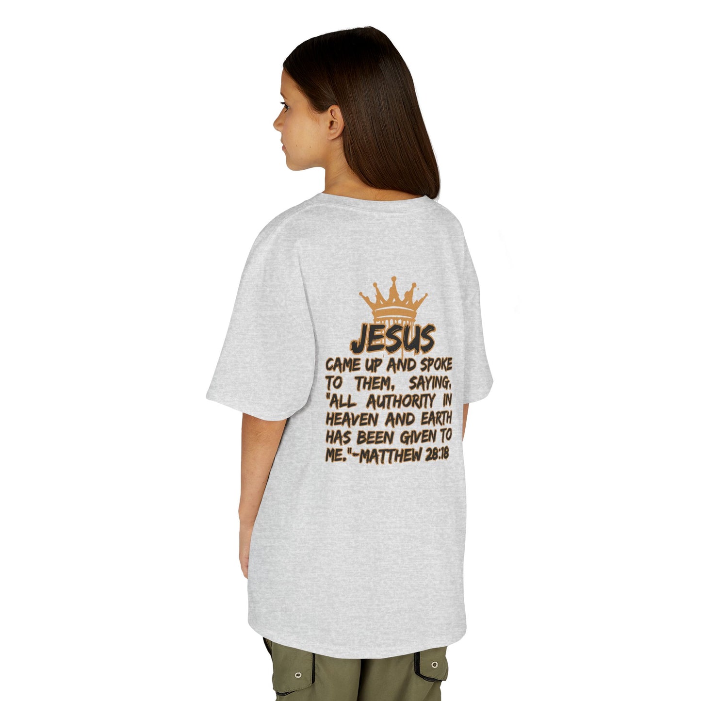 Christian junior kids t-shirt with Bible verse Matthew 28 18 and crown graphic on back in gray