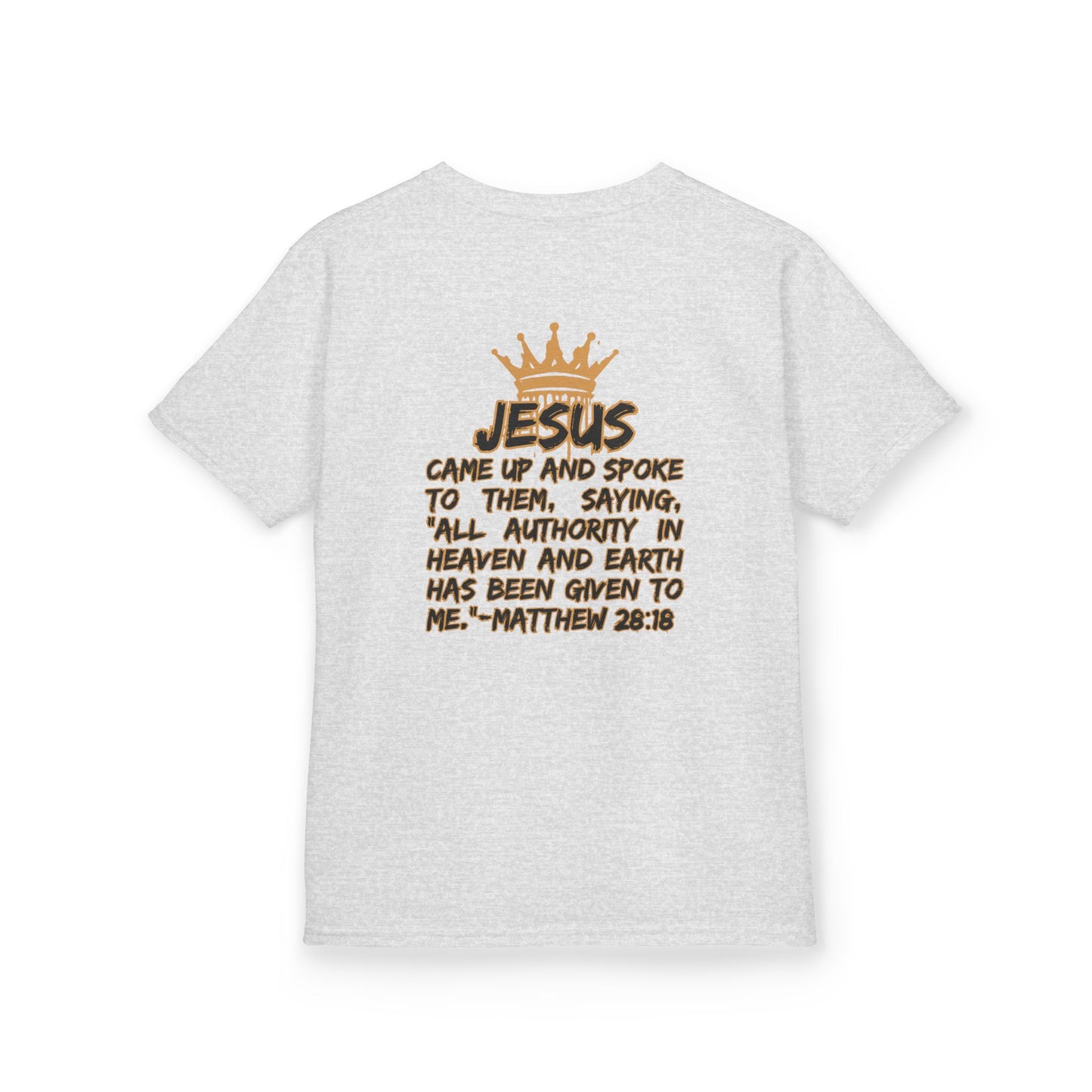 White Christian junior kids t-shirt with gold crown and Bible verse Matthew 28:18 print on back