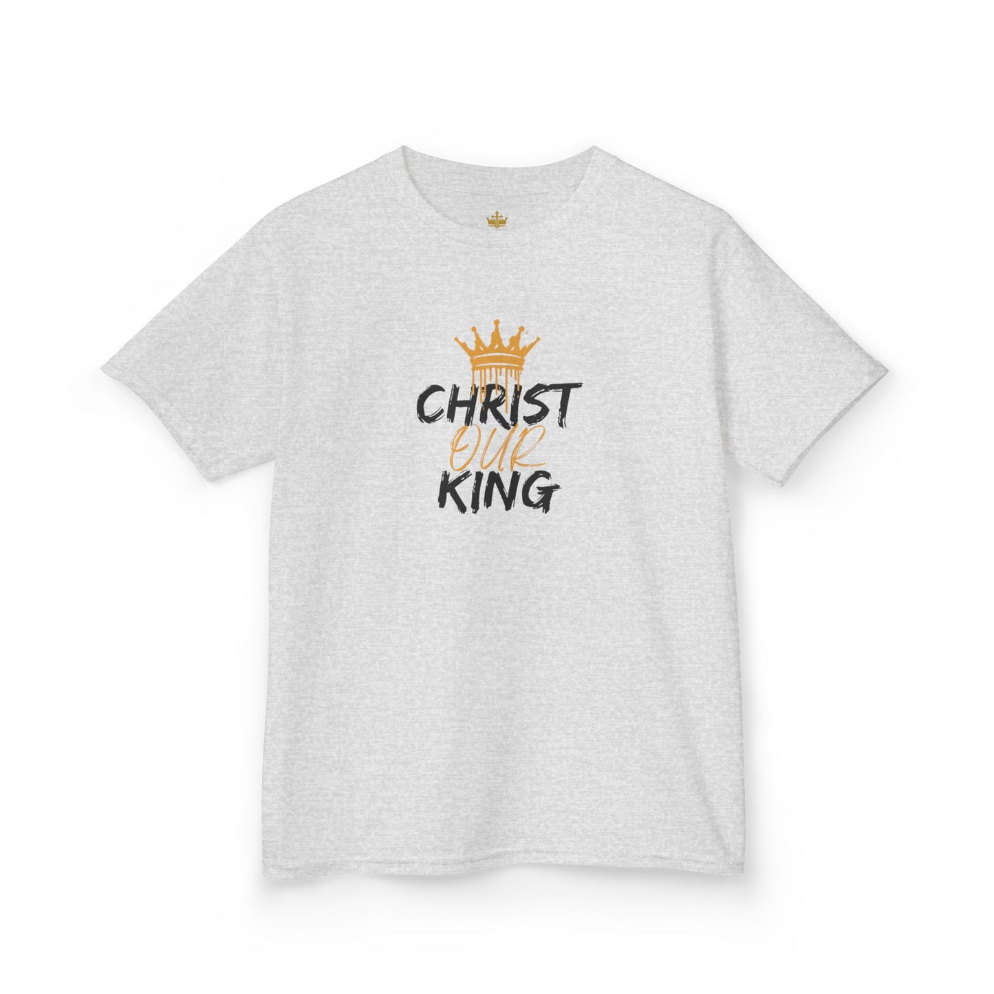 Logos Co. Christian junior kids t-shirt in light gray with Christ Our King text and gold crown graphic