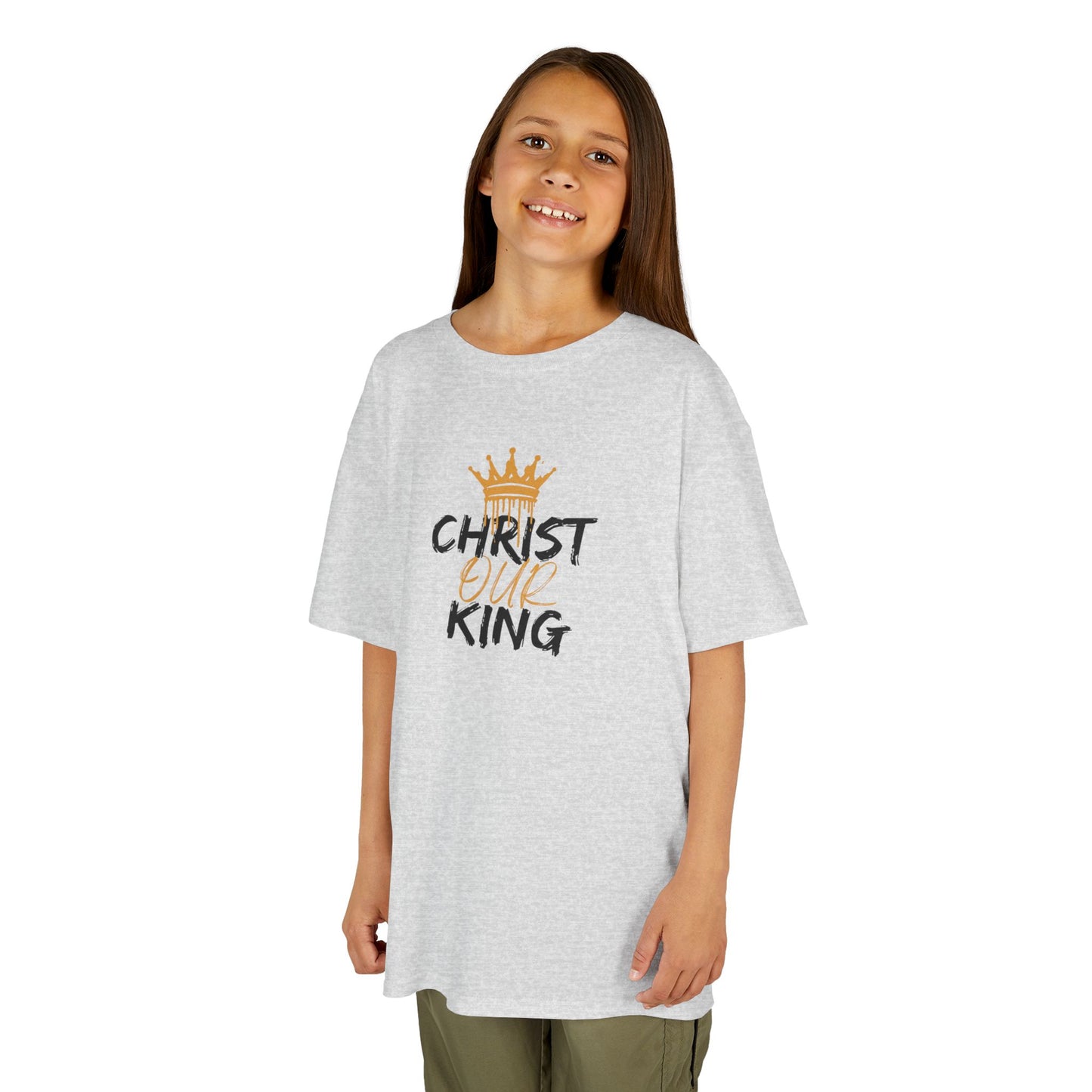 Logos Co. Christian junior kids t-shirt in gray with Christ Our King design worn by smiling child