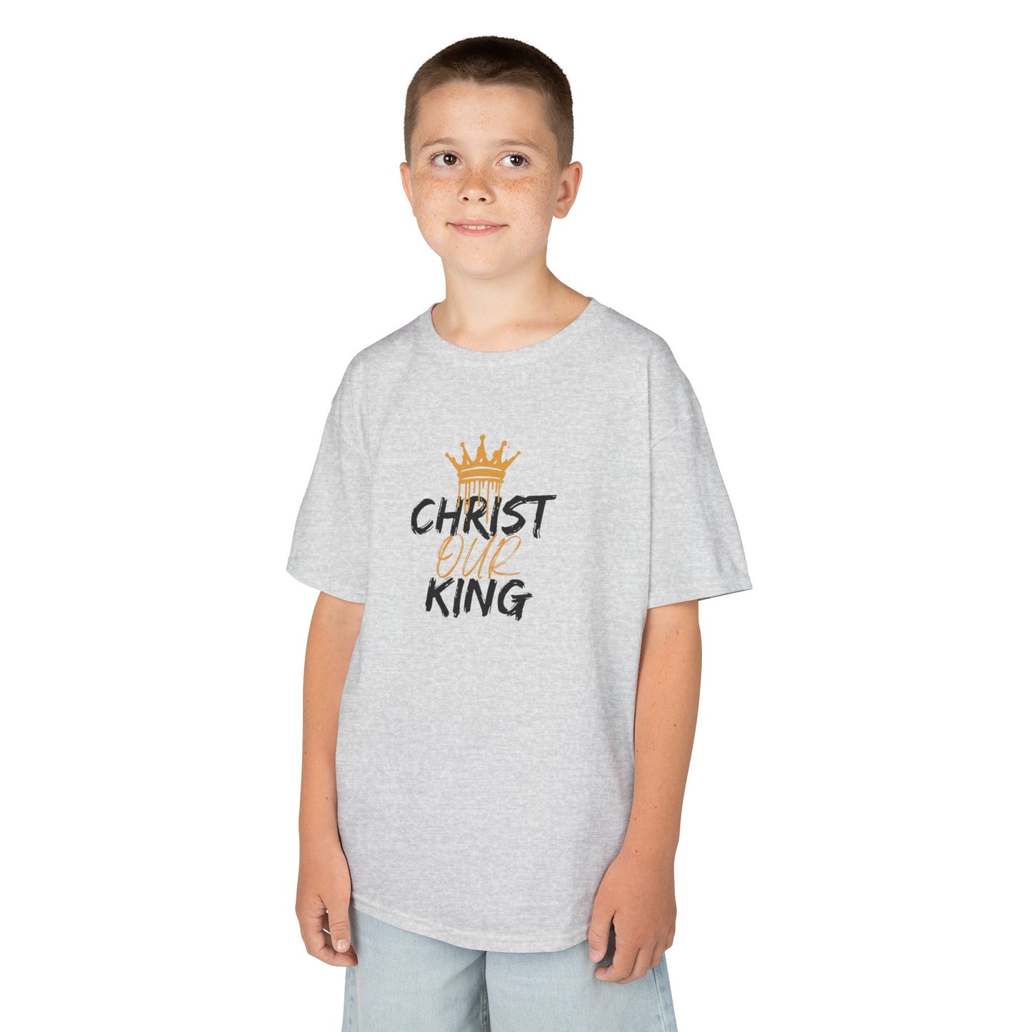 Christian junior kids t-shirt in gray with Christ our King design worn by boy
