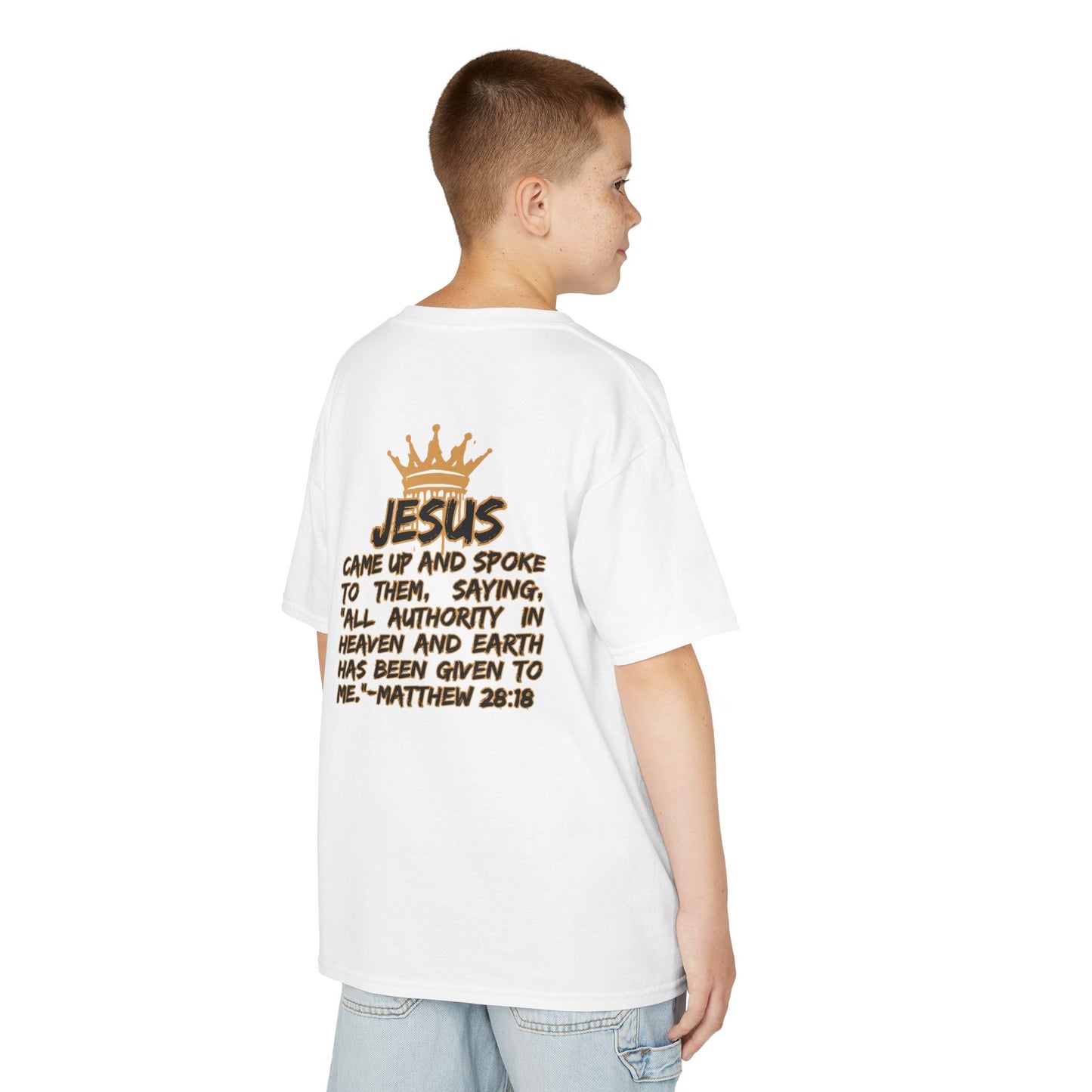 Christian junior kids t-shirt with Bible verse and crown design worn by boy from Logos Co.