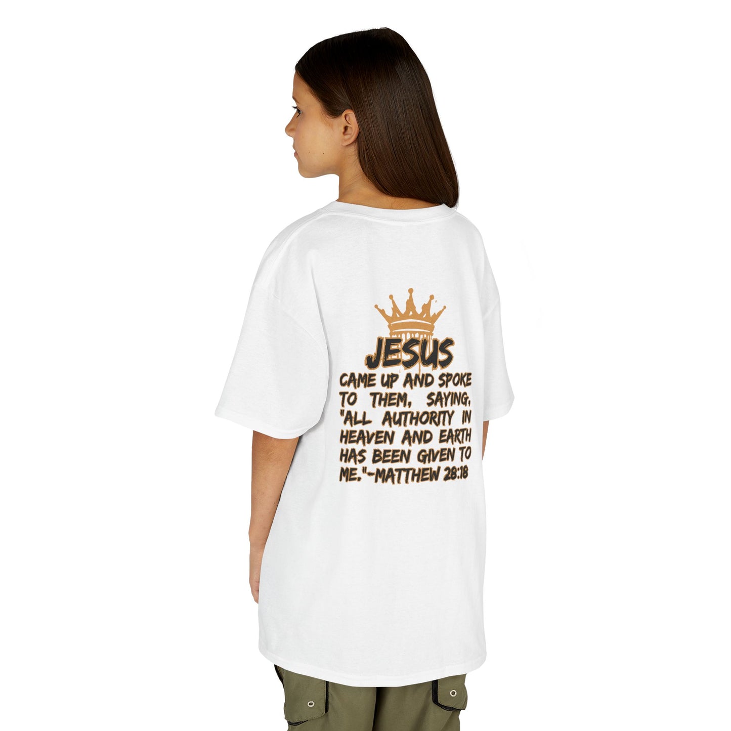Christian junior kids t-shirt white with gold crown and Bible verse Matthew 28:18 print on back