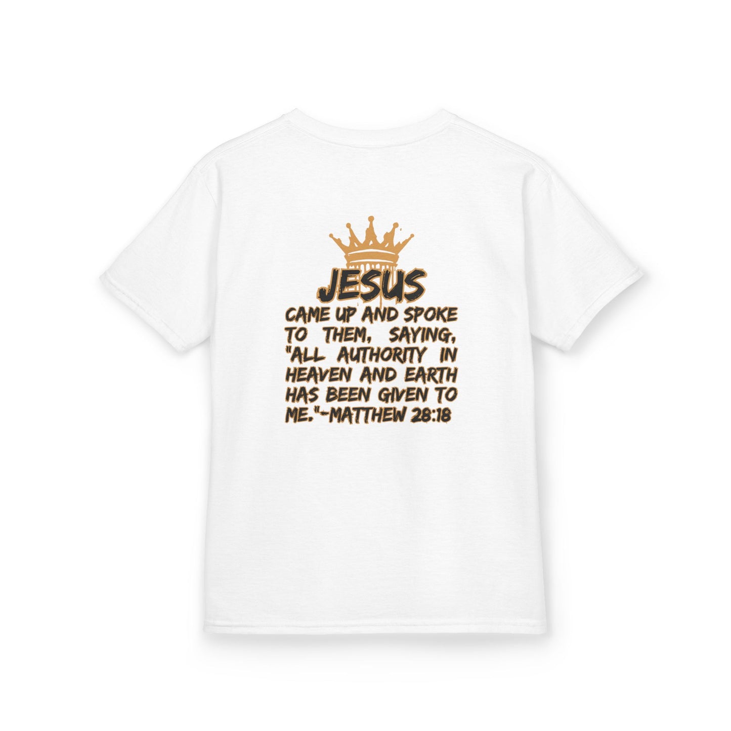 White Christian junior kids t-shirt with gold crown and Bible verse Matthew 28:18 printed on the back