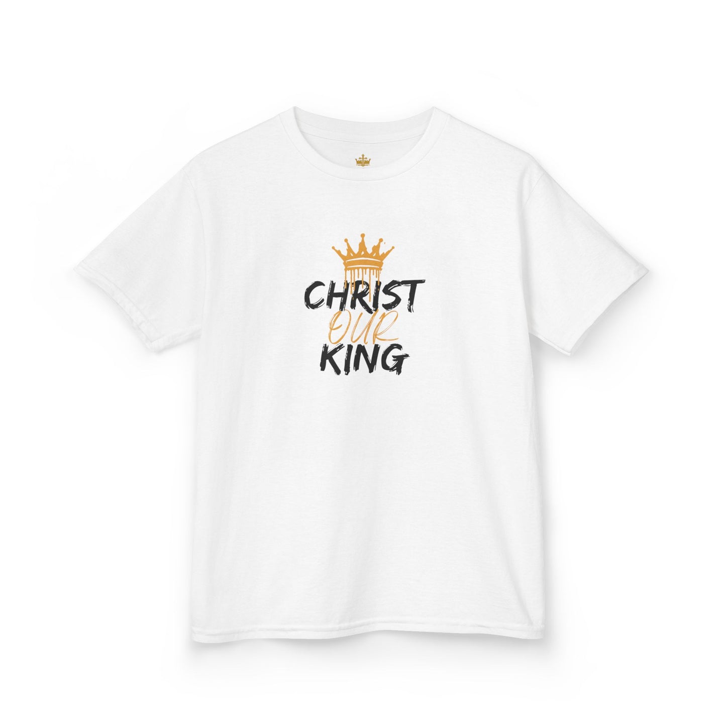 White Christian junior kids t-shirt with gold crown and Christ Our King text design