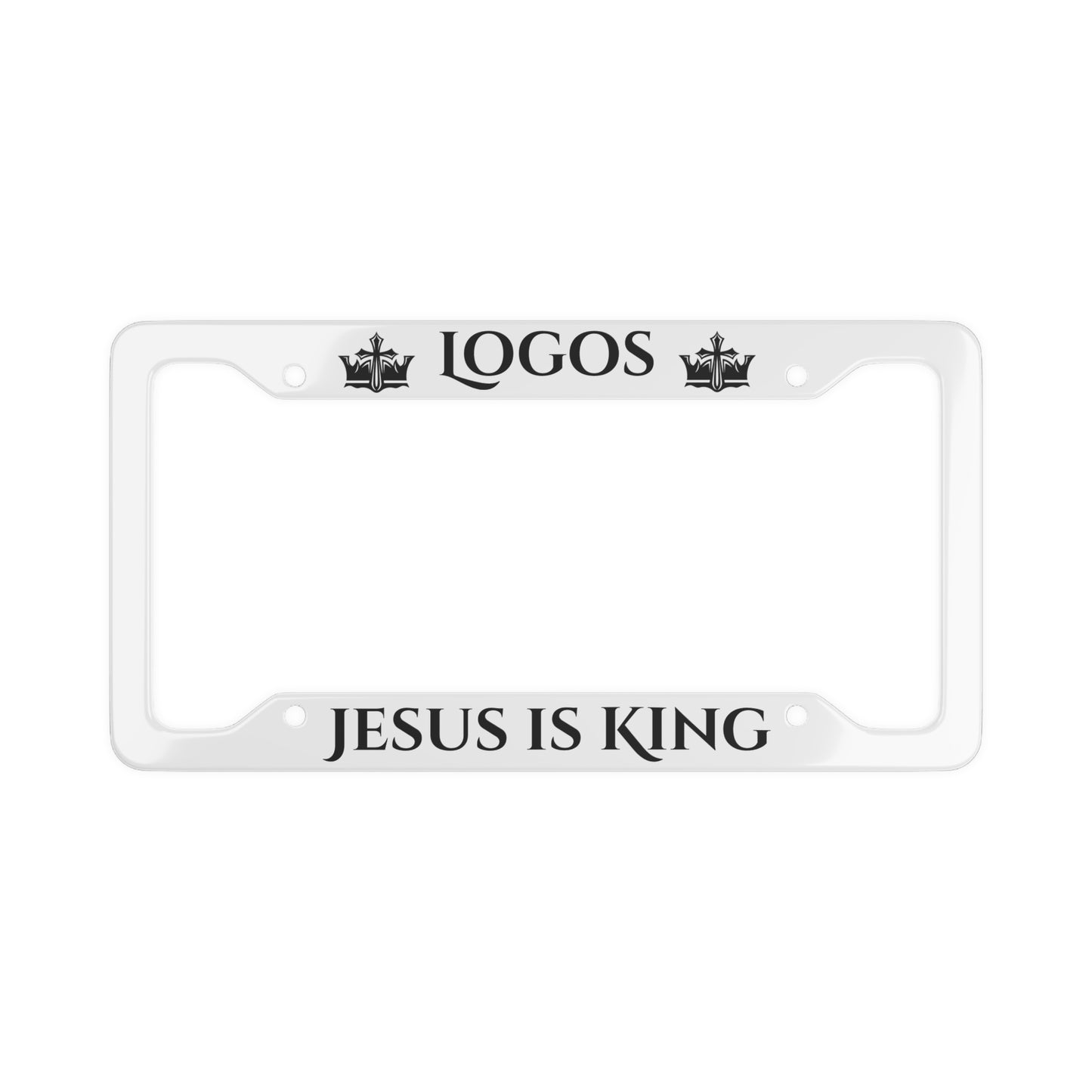 White Christian license plate frame with 'Jesus Is King' and crown designs for vehicle display
