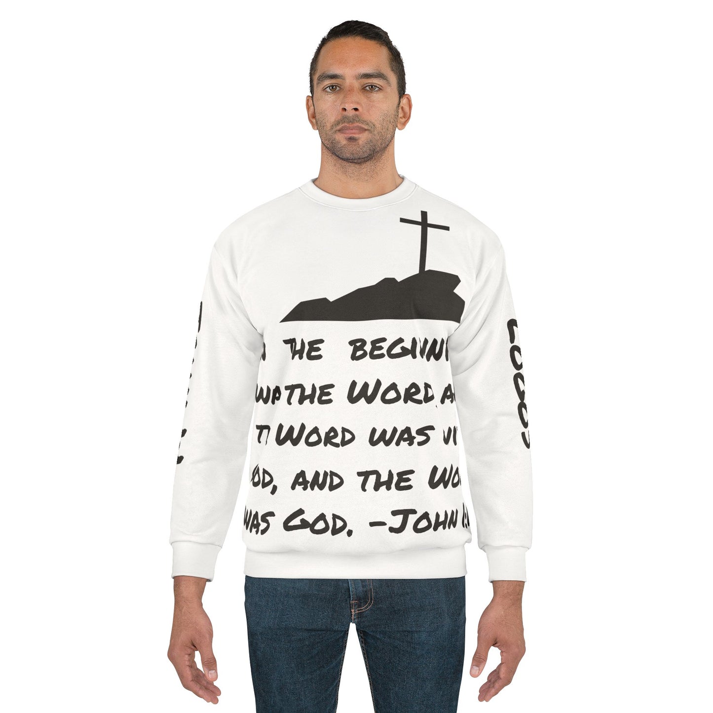 Christian men's sweatshirt - John 1:1 featuring a cross and biblical text on a white background