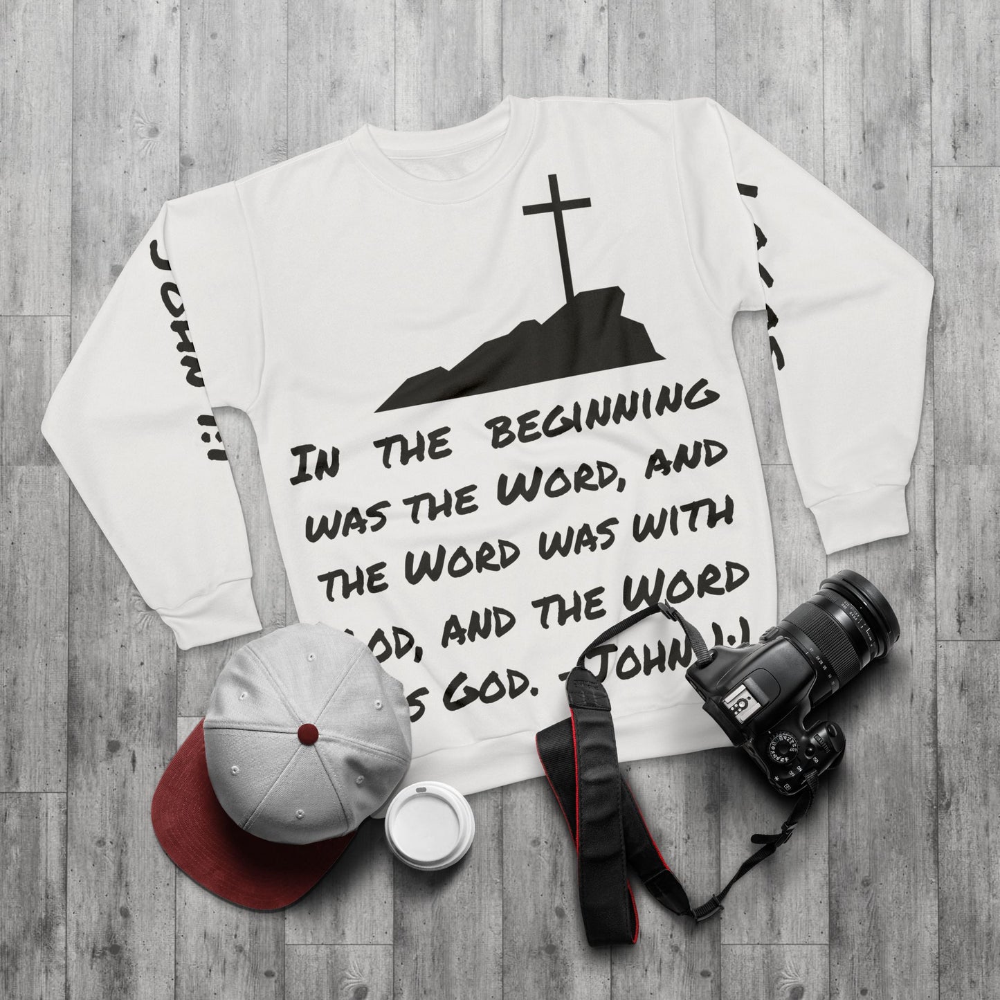 Christian men's sweatshirt - John 1:1 featuring a cross design and impactful scripture print