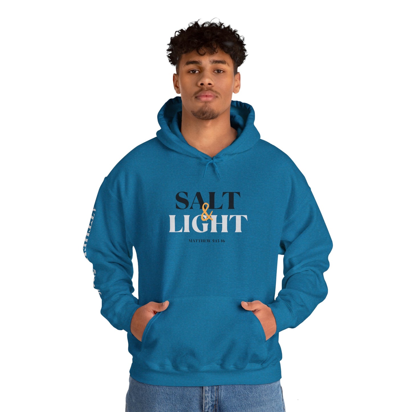 Blue Christian scripture hoodie with Salt and Light design and Bible verse Matthew 5 13 16
