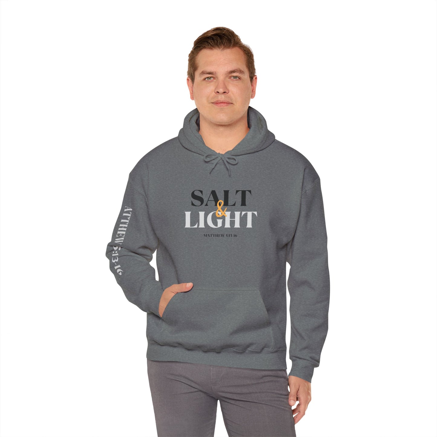 Gray Logos Co. Christian scripture hoodie with Salt and Light text and bible verse design