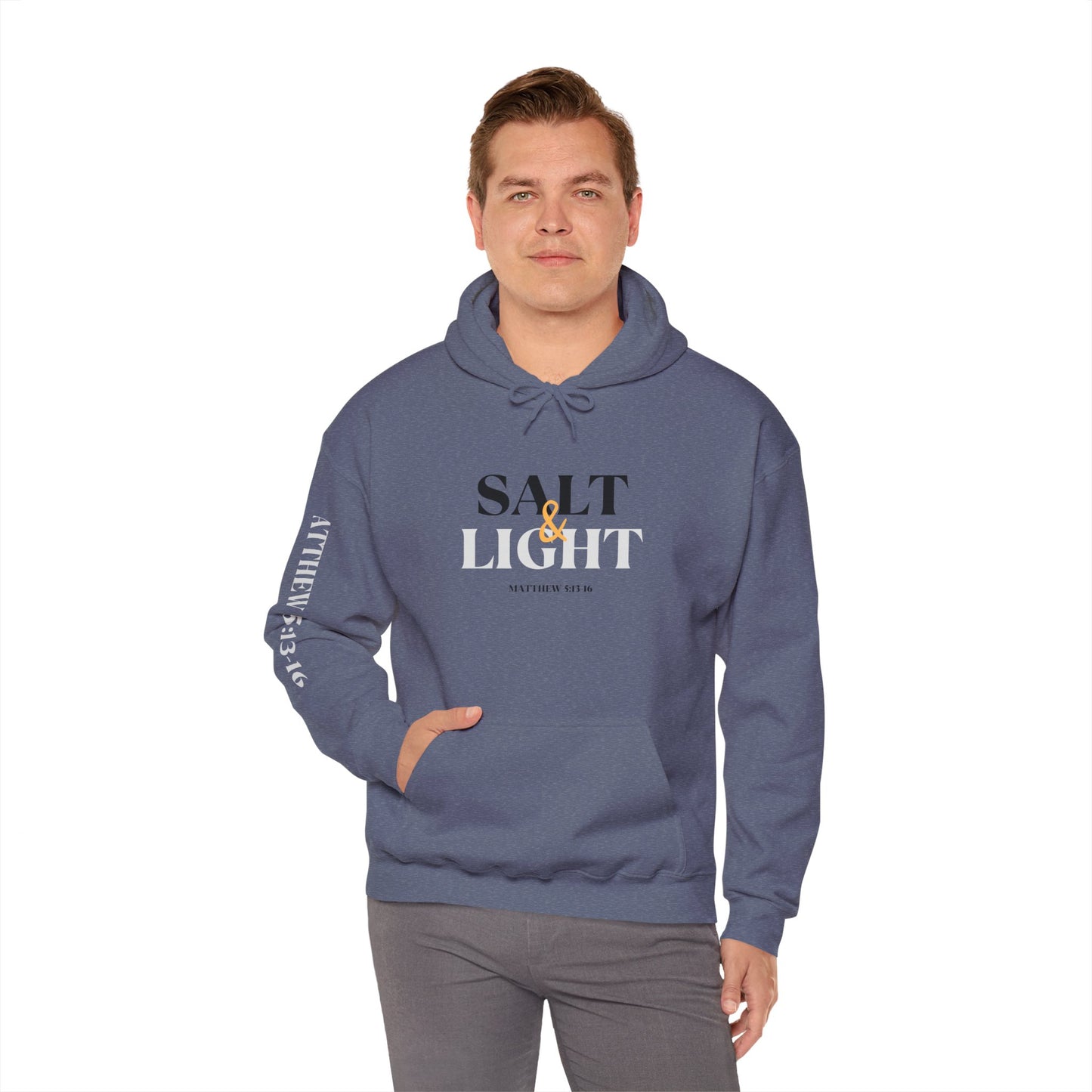 Blue Christian scripture hoodie with Salt and Light text and Matthew 5 13-16 scripture design
