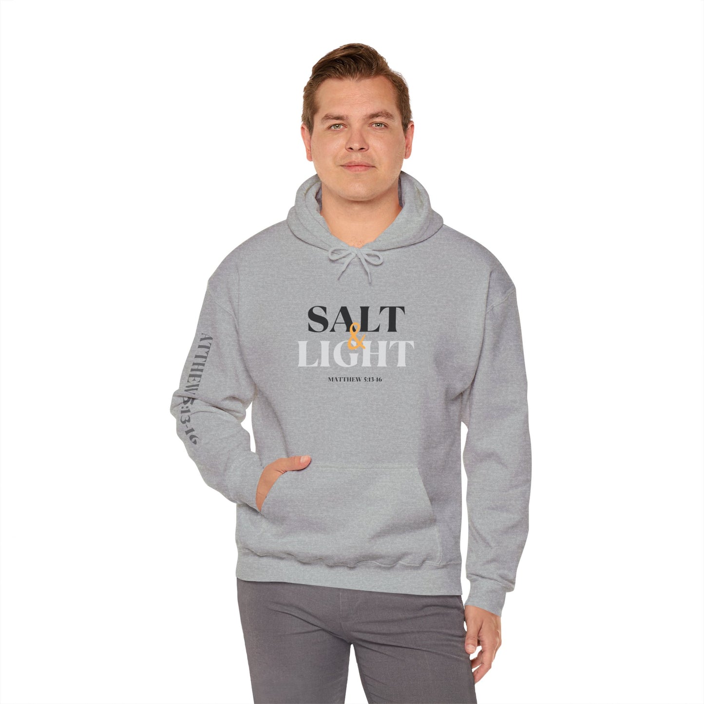 Logos Co. gray Christian scripture hoodie with Salt and Light Bible verse design on front