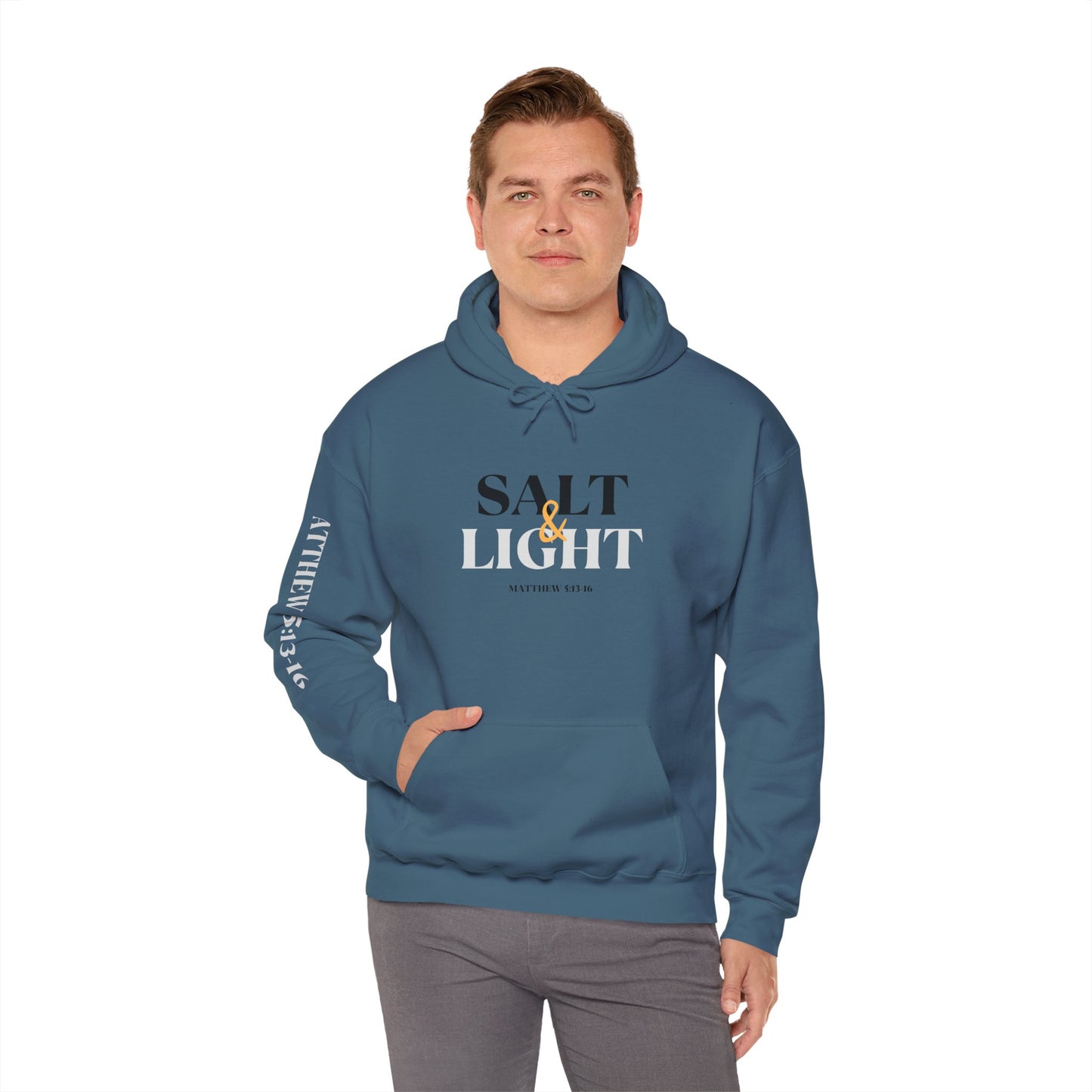 Logos Co. indigo blue Christian scripture hoodie with Salt and Light design and Bible verse on sleeve