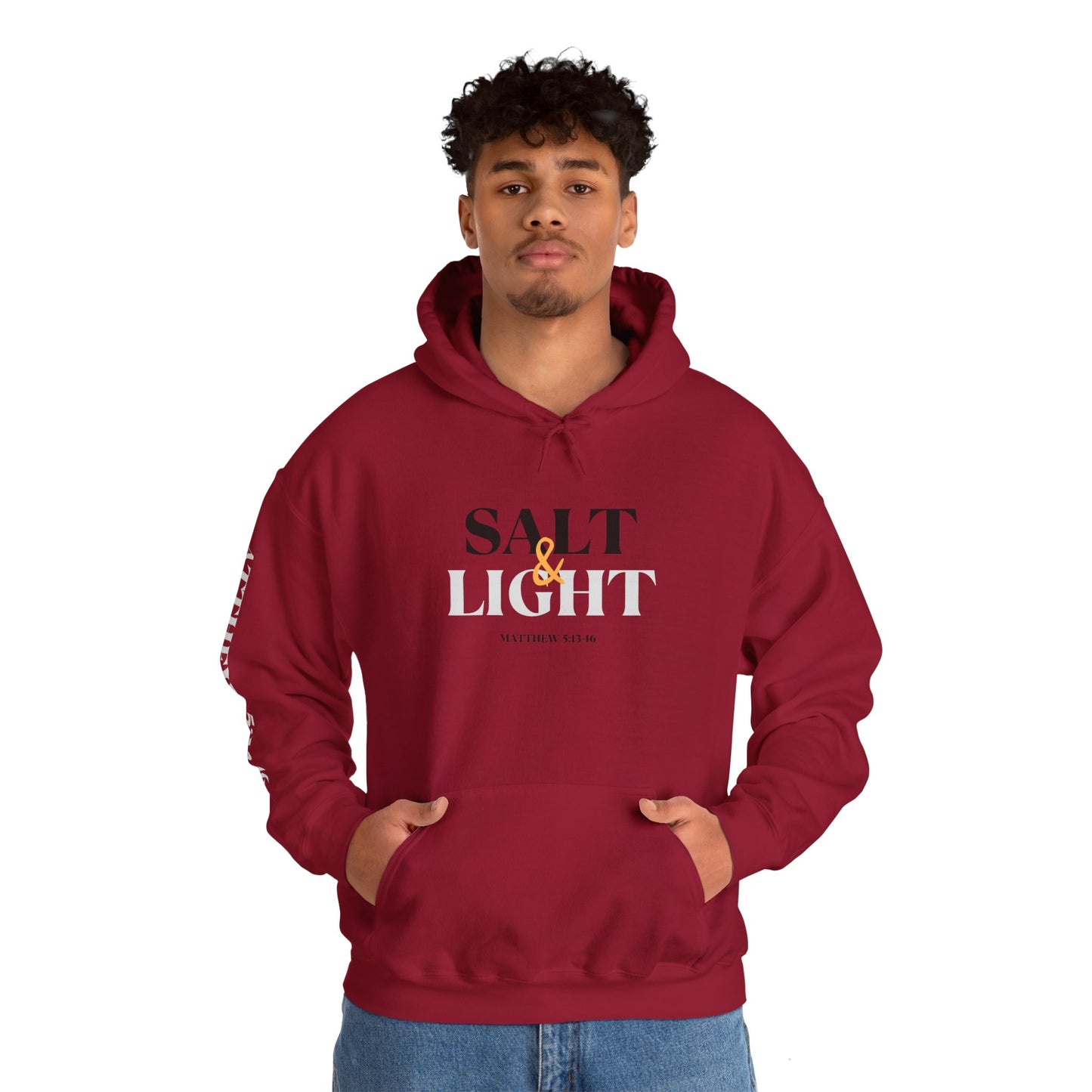 Men's Maroon Salt and Light hooded sweatshirt featuring a bold design on the front