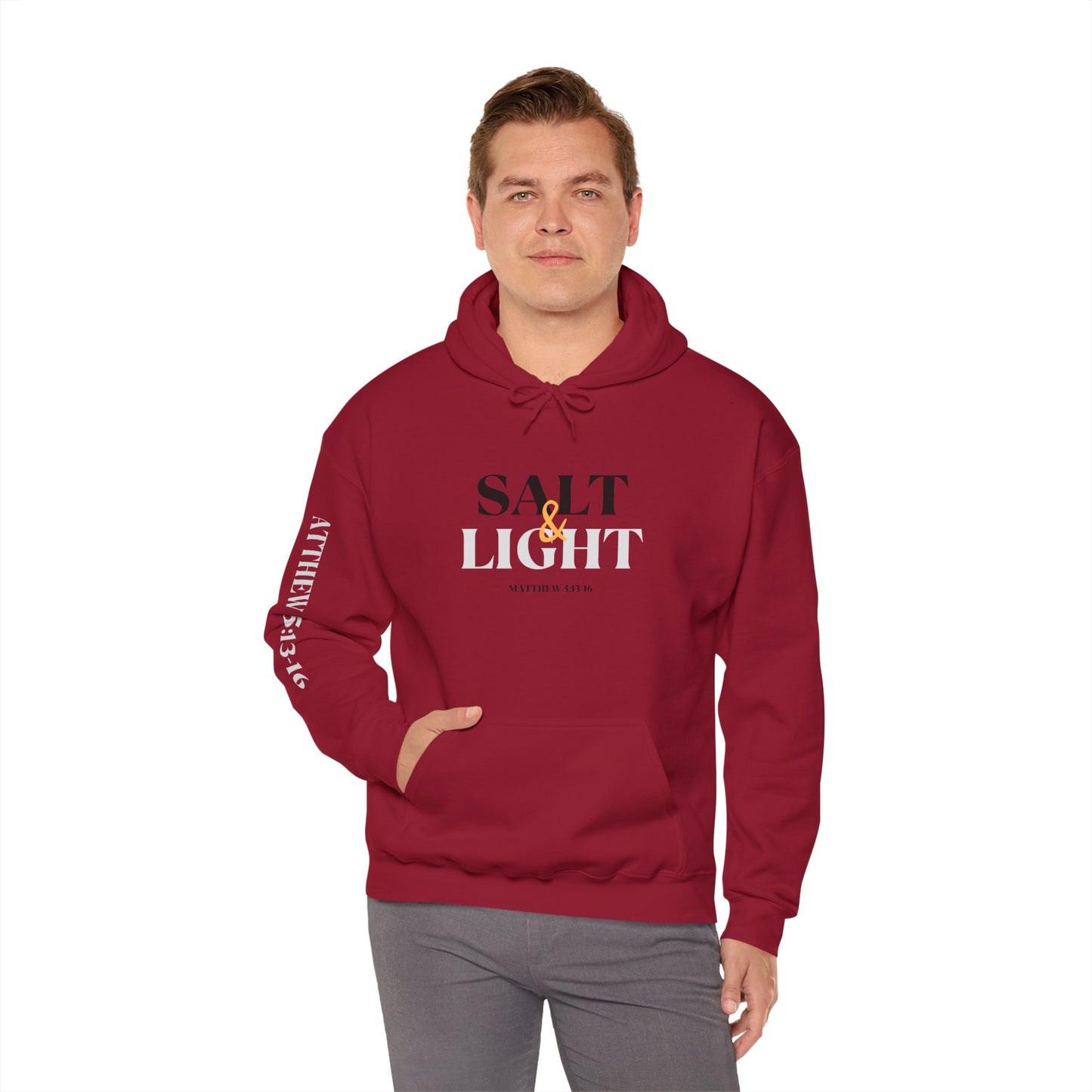 Cardinal red Christian scripture hoodie with Salt and Light text and Matthew 5:13-16 verse on sleeve
