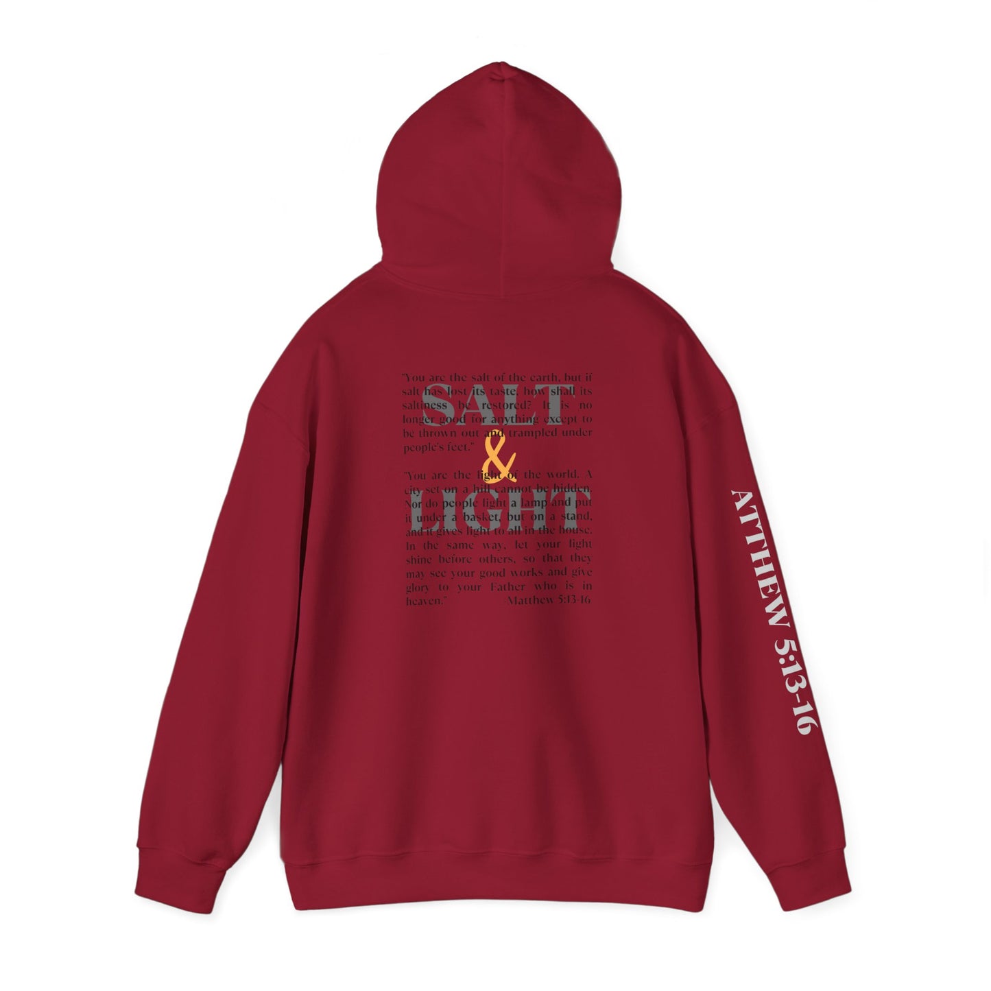 Maroon Salt and Light Men's hoodie featuring a unique Scripture design on the back, front, and sleeves