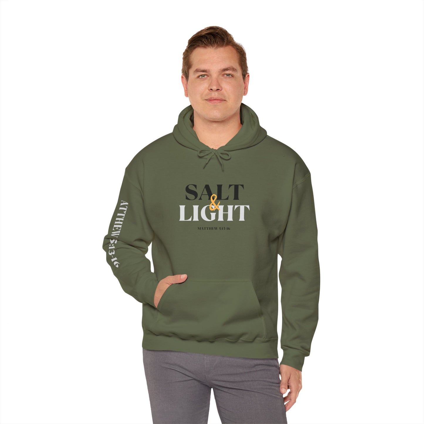 Logos Co. olive green Christian scripture hoodie with Salt & Light text and Bible verse Matthew 5 13-16 design