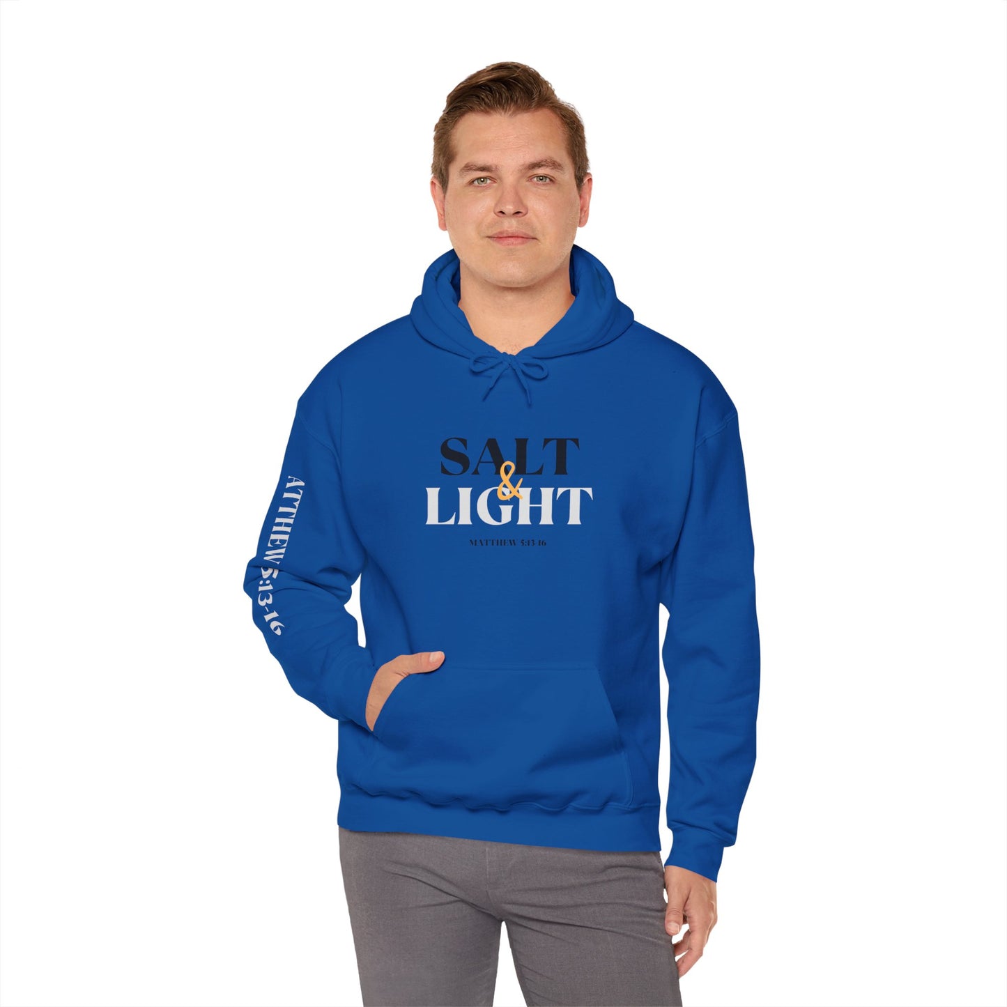 Blue Logos Co. Christian scripture hoodie with Salt and Light text and Bible verse on sleeve