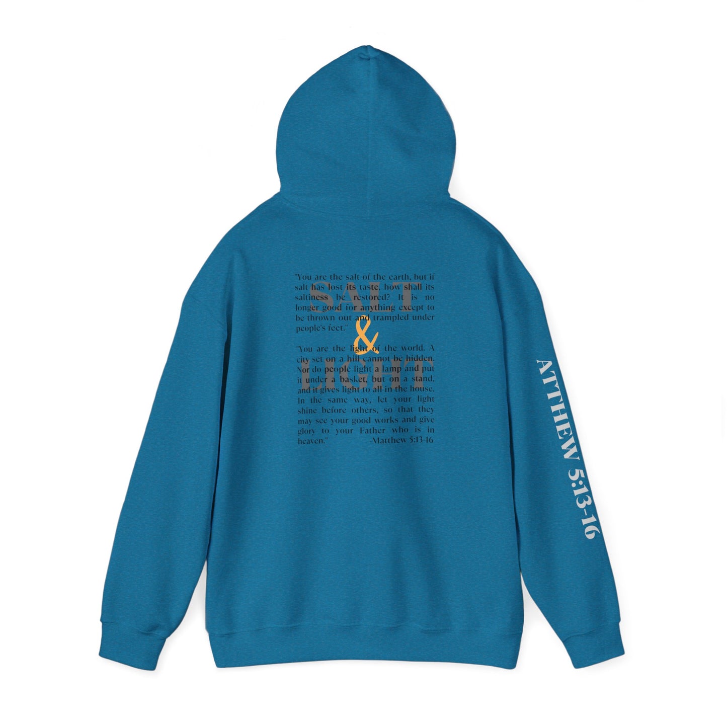 Men's Turquoise Salt and Light hooded sweatshirt with a bold back design