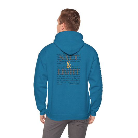 Teal Christian scripture hoodie by Logos Co. featuring faith and light text on the back with a hooded design
