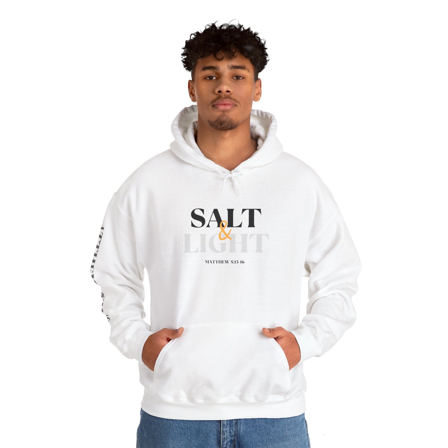 White Salt and Light hoodie featuring an bold front, back, and sleeve design