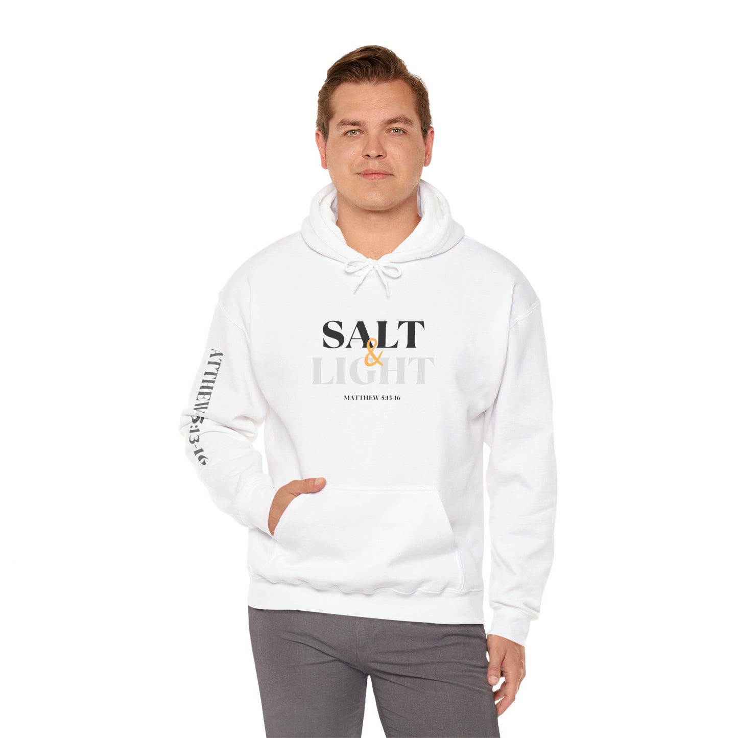 White Logos Co. Christian scripture hoodie with Salt and Light text and Bible verse Matthew 5 13-16