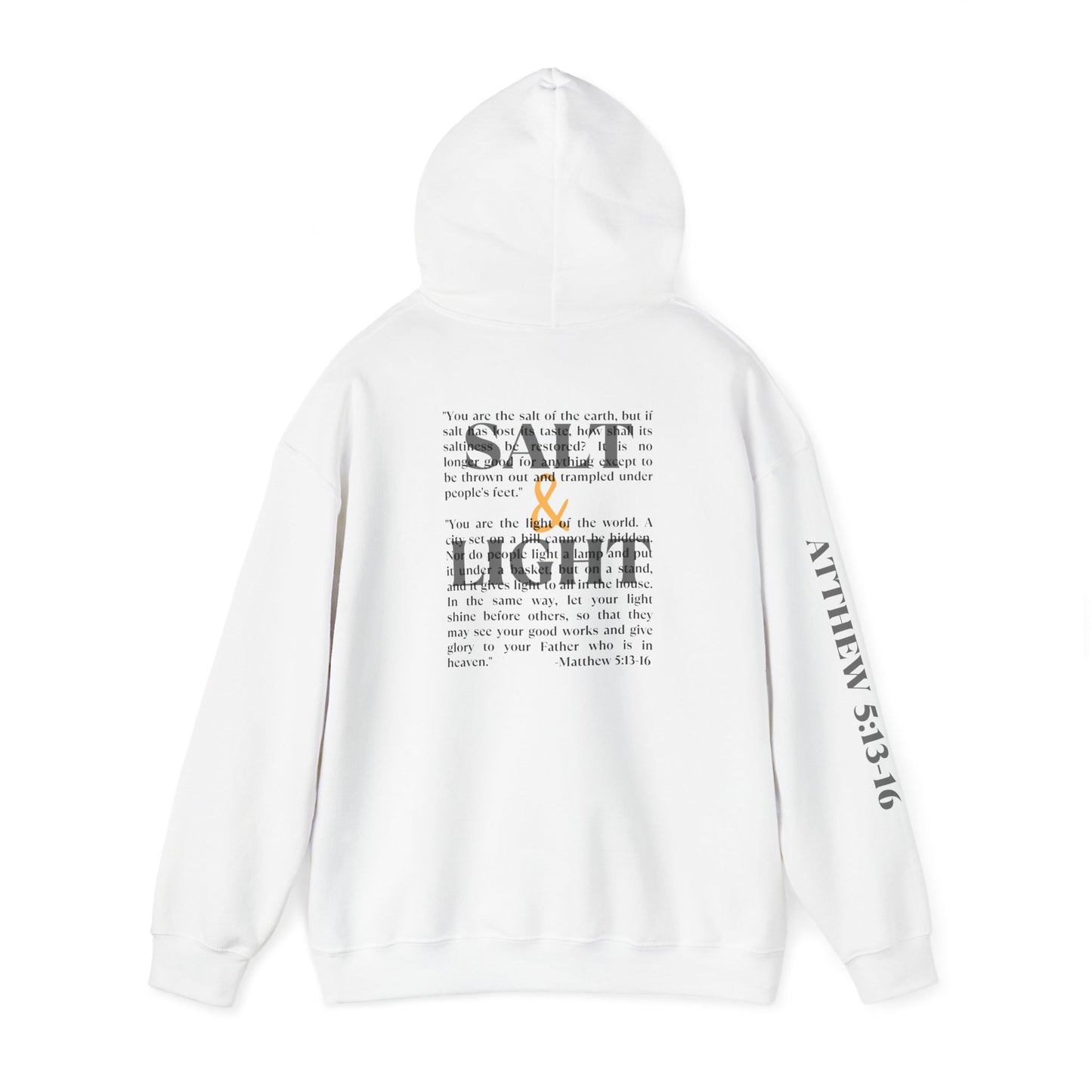 White Salt & Light hoodie with a bold graphic Scripture design on the front, back, and sleeve