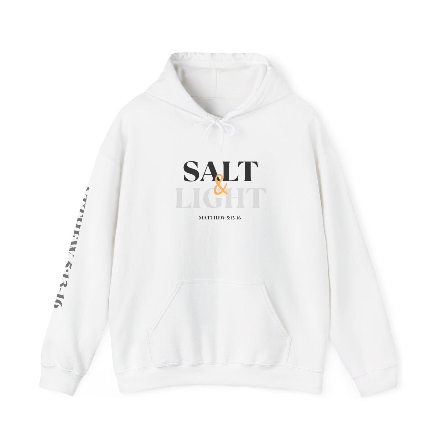 White Salt & Light hoodie with inspirational Scripture designs on the front, back, and sleeve