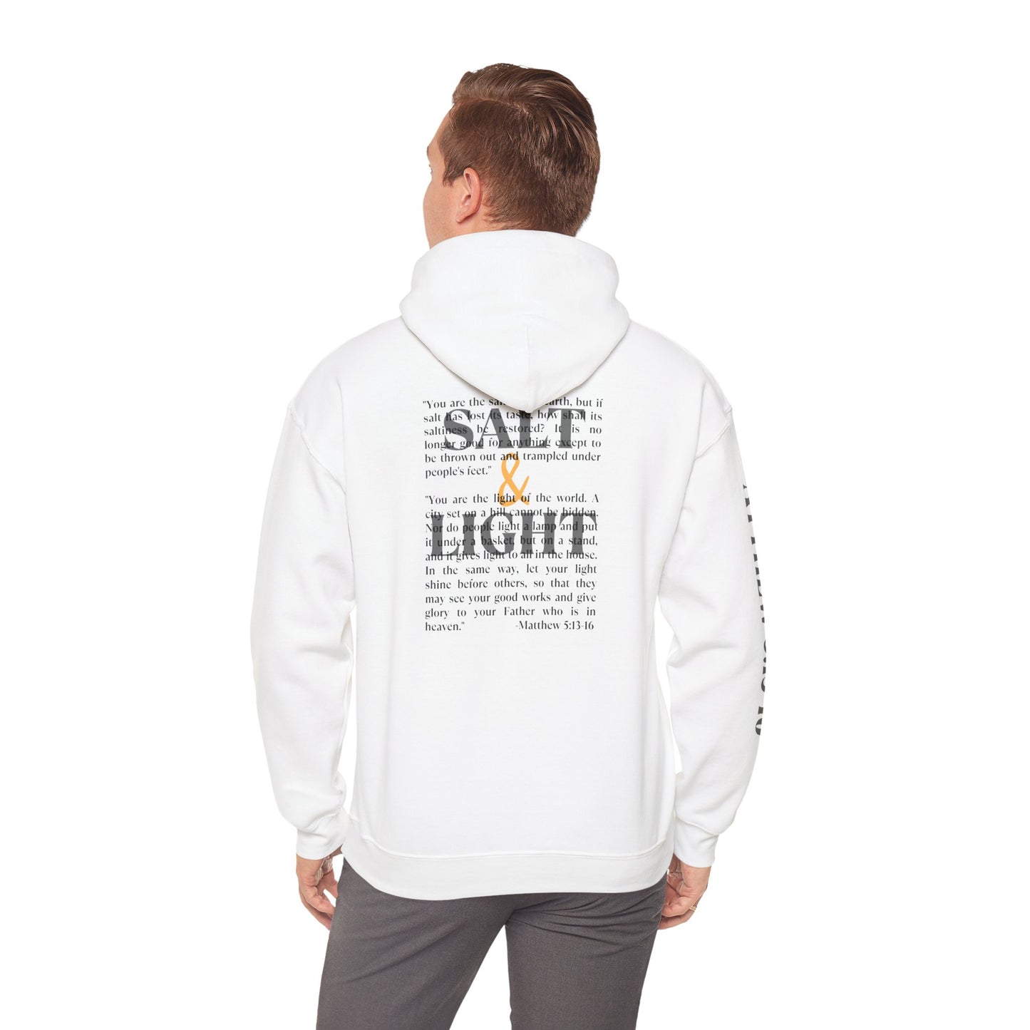 White Christian scripture hoodie from Logos Co. with SALT & LIGHT text and Bible verse on back