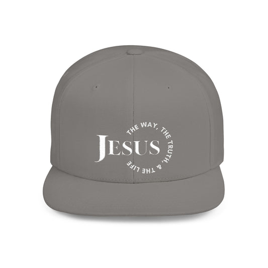 Gray Christian snapback hat featuring 'Jesus' and inspirational text for faith enthusiasts