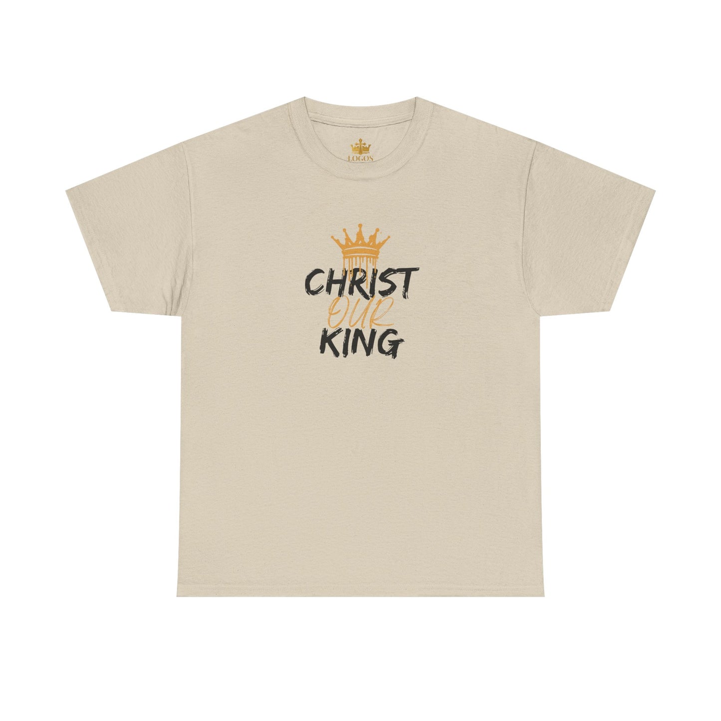 Beige Christian statement shirt with Christ Our King text and gold crown graphic by Logos Co.
