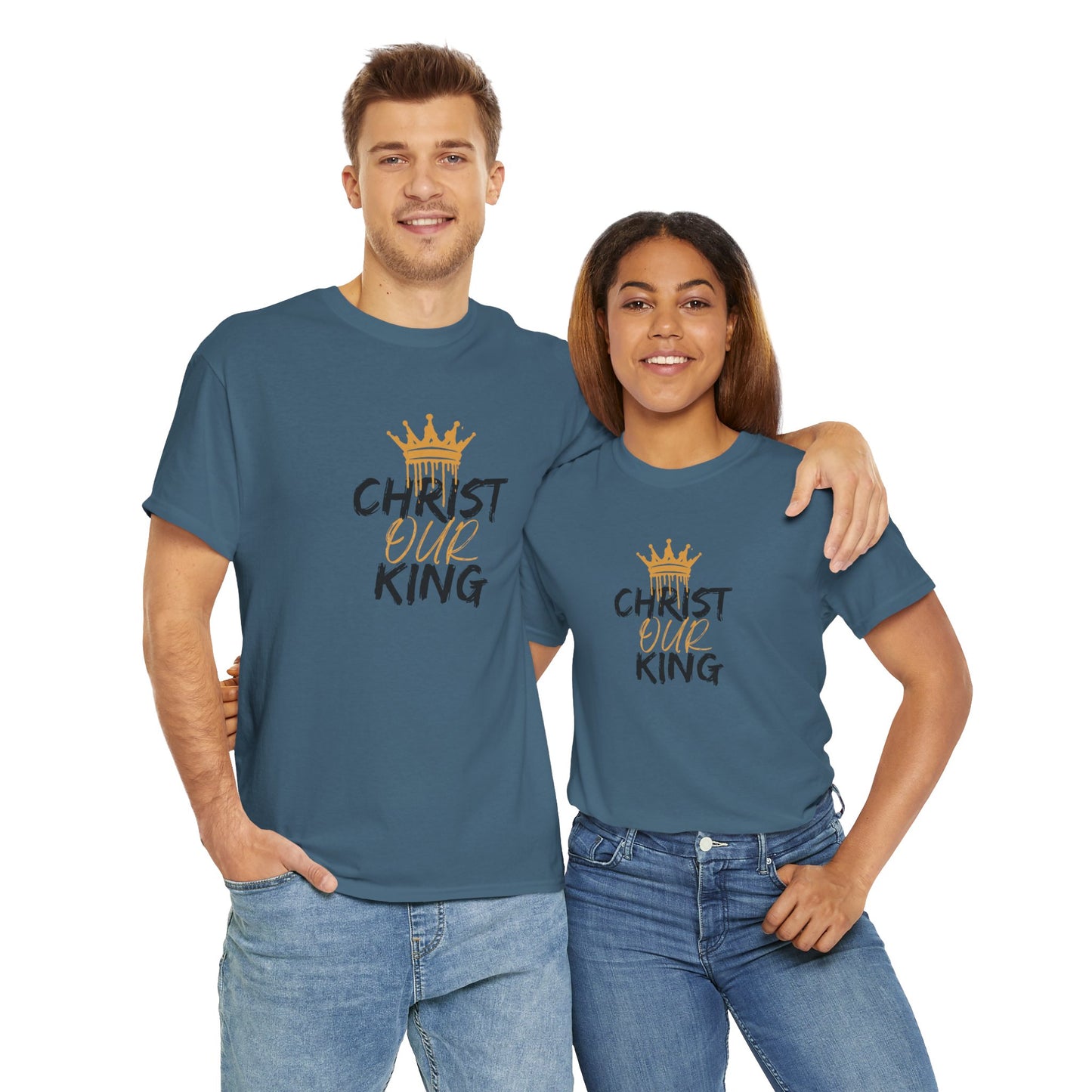 Logos Co. Christian statement shirt featuring Christ Our King design worn by man and woman
