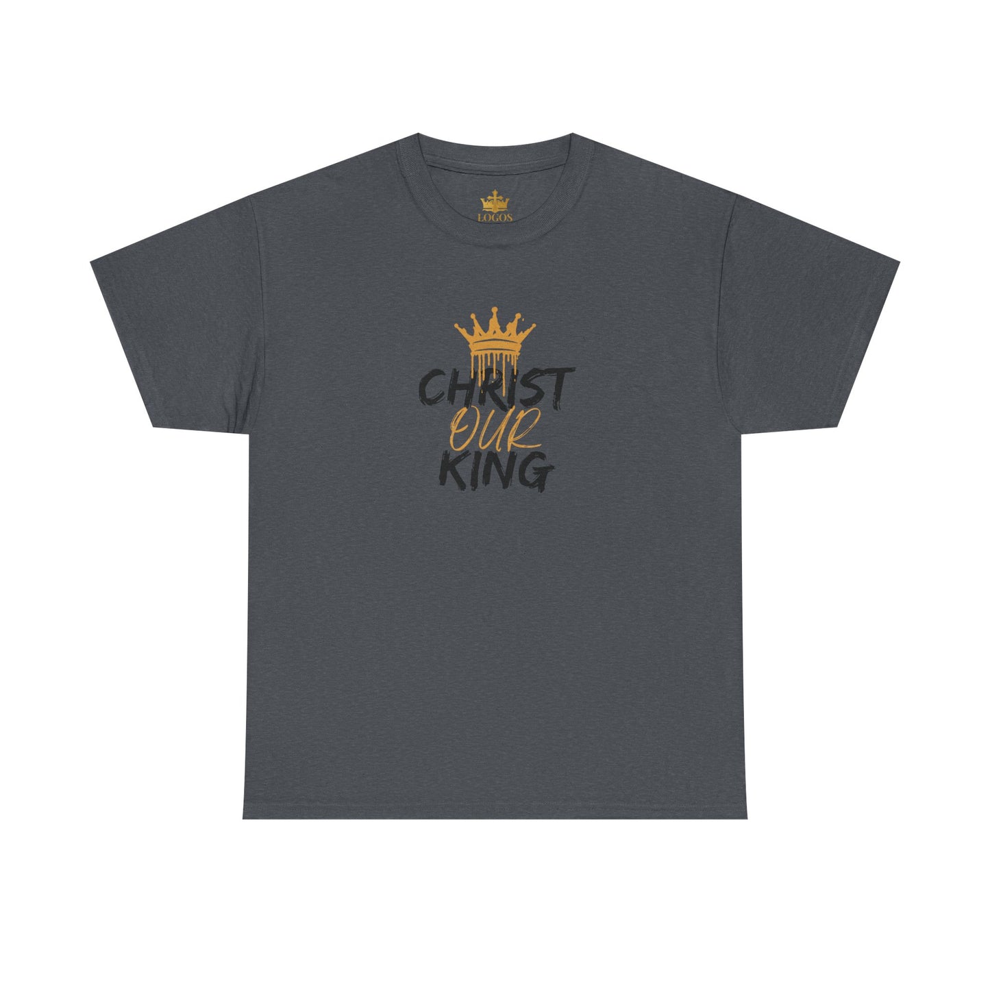 Logos Co. Christian statement shirt charcoal gray with gold crown and Christ Our King text design