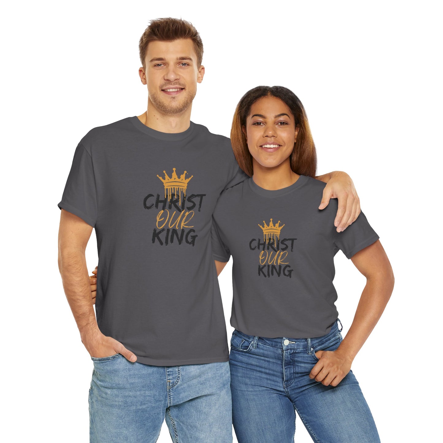 Logos Co. Christian statement shirt with Christ our King design worn by man and woman in gray tees