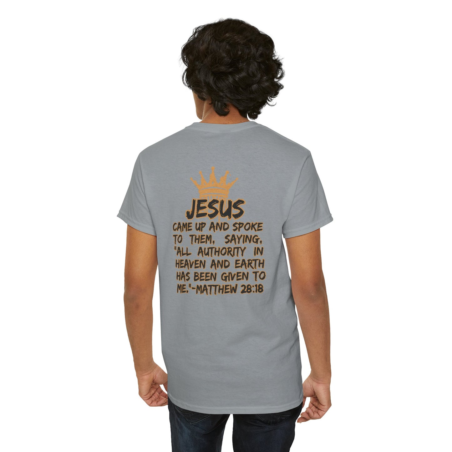 Gray Christian statement shirt with Jesus quote and crown graphic on the back from Logos Co.