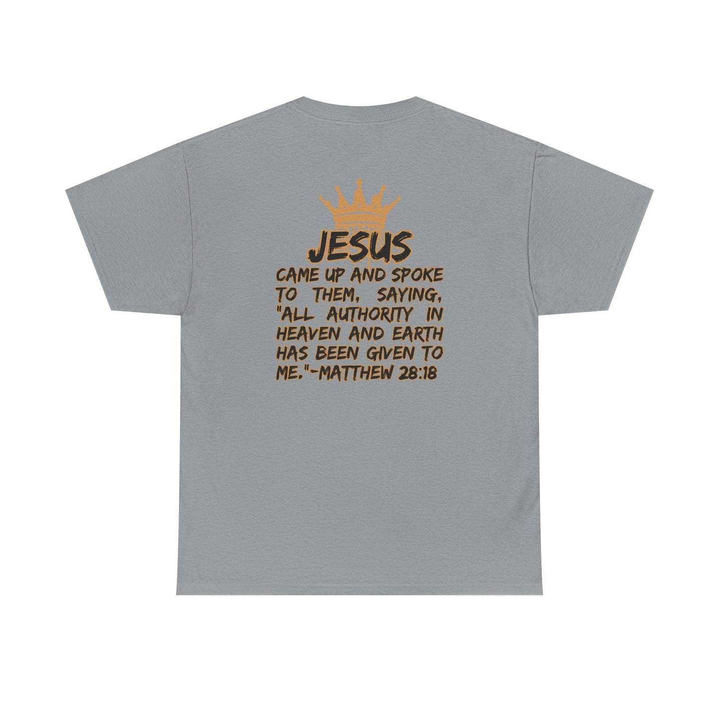 Logos Co. gray Christian statement shirt with Jesus quote and crown graphic on the back