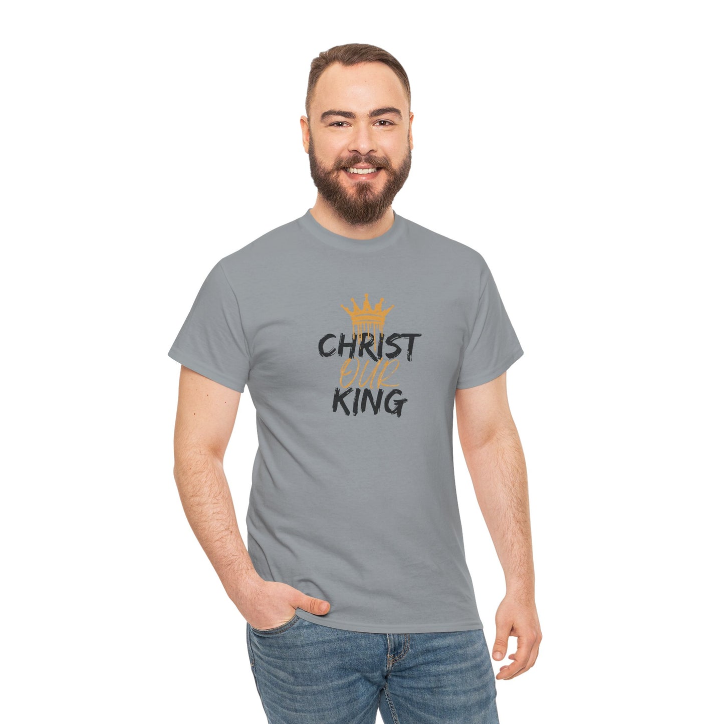 Gray Logos Co. Christian statement shirt with Christ Our King text and crown graphic worn by smiling man