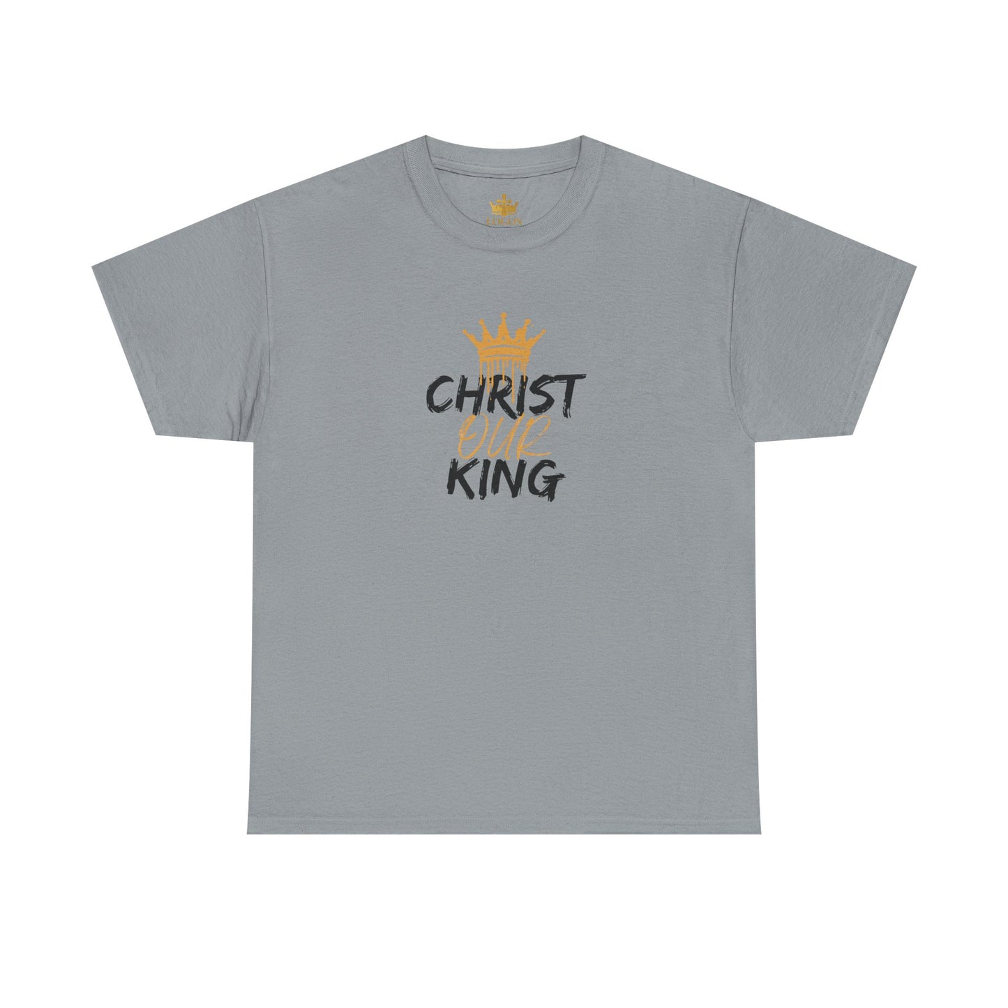 Gray Christian statement shirt with gold crown and text Christ Our King printed on front