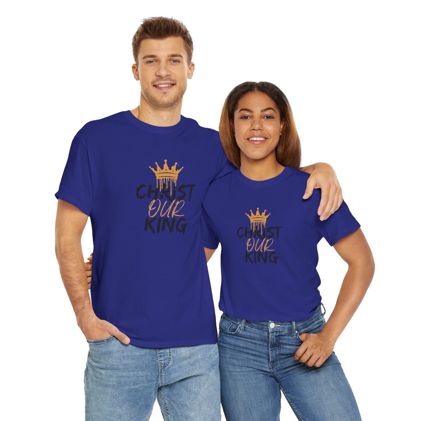 Logos Co. Christian statement shirt in blue with gold crown and text worn by man and woman