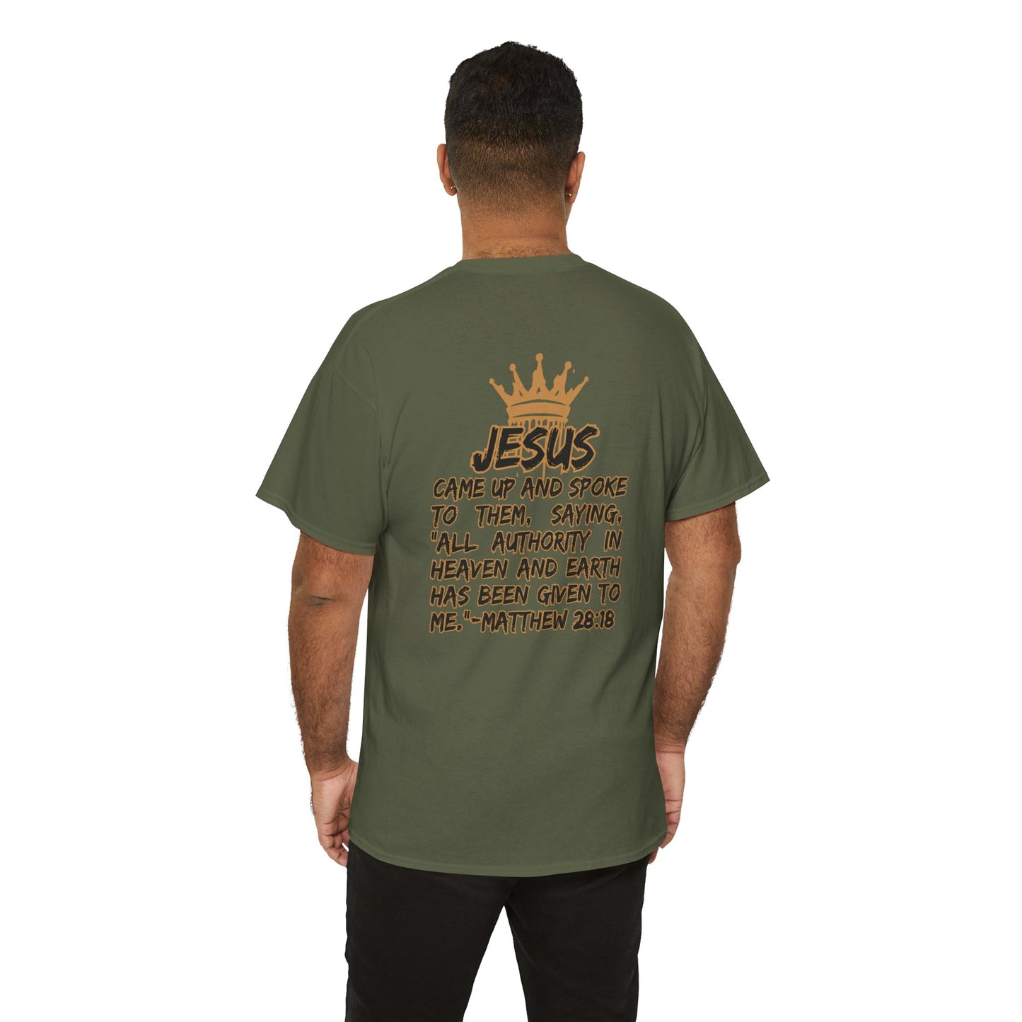 Olive green Logos Co. T-shirt featuring a Christian statement shirt design with Bible verse Matthew 28:18 and crown graphic